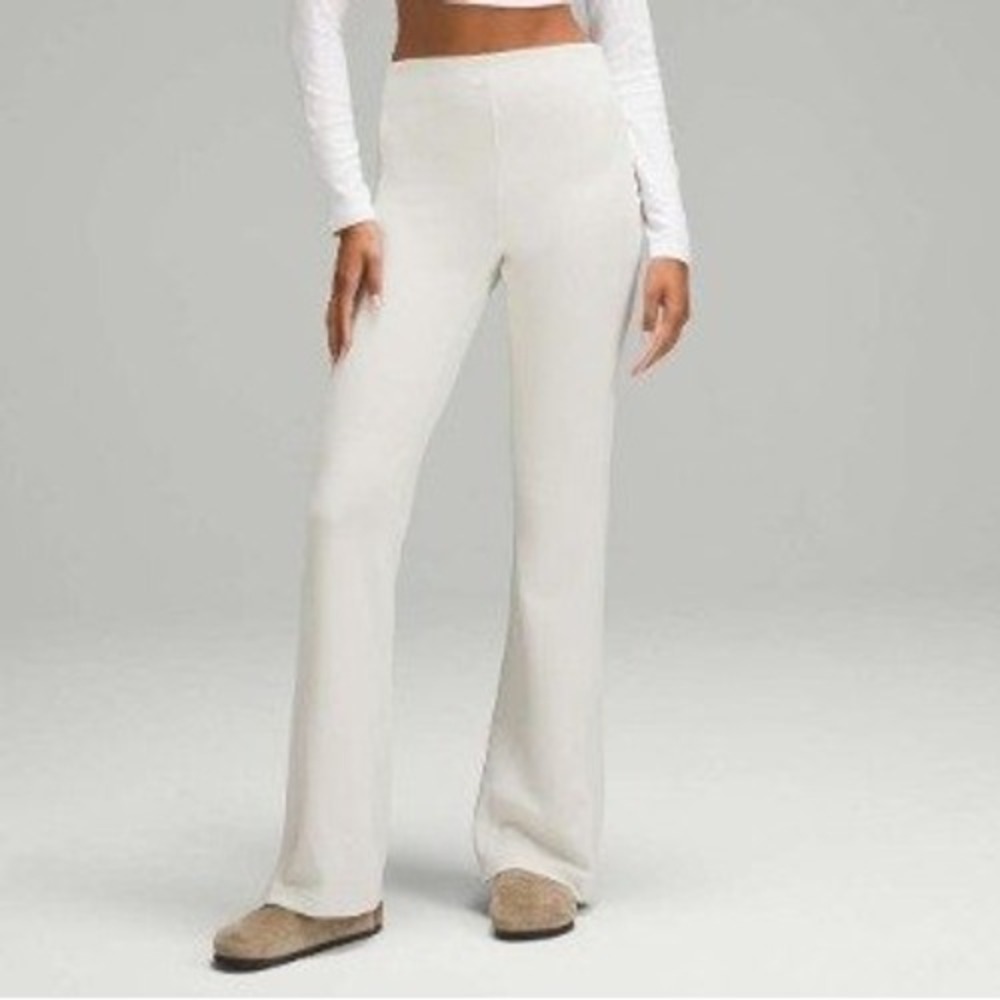 Lululemon Brushed Softstreme Ribbed Zip Flared Pants Women 2 Beige Hi Rise Yoga